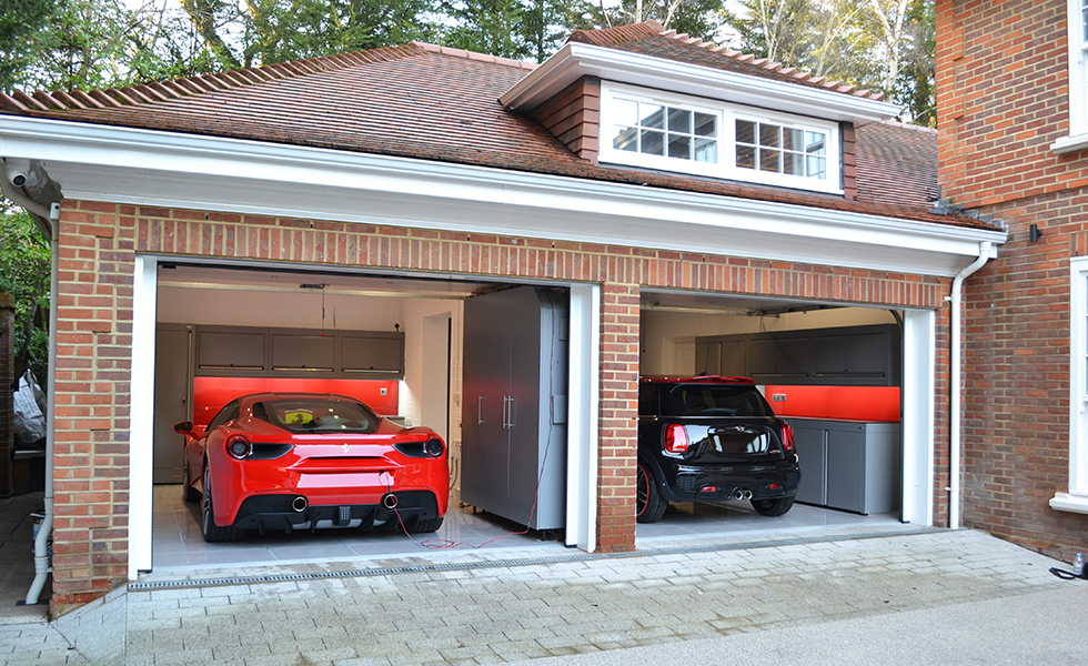 Double garage with Dura cabinets for Ferrari and Mini owners