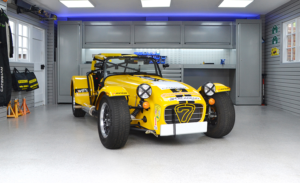 Dura cabinets and wall storage for a motorsport Caterham garage