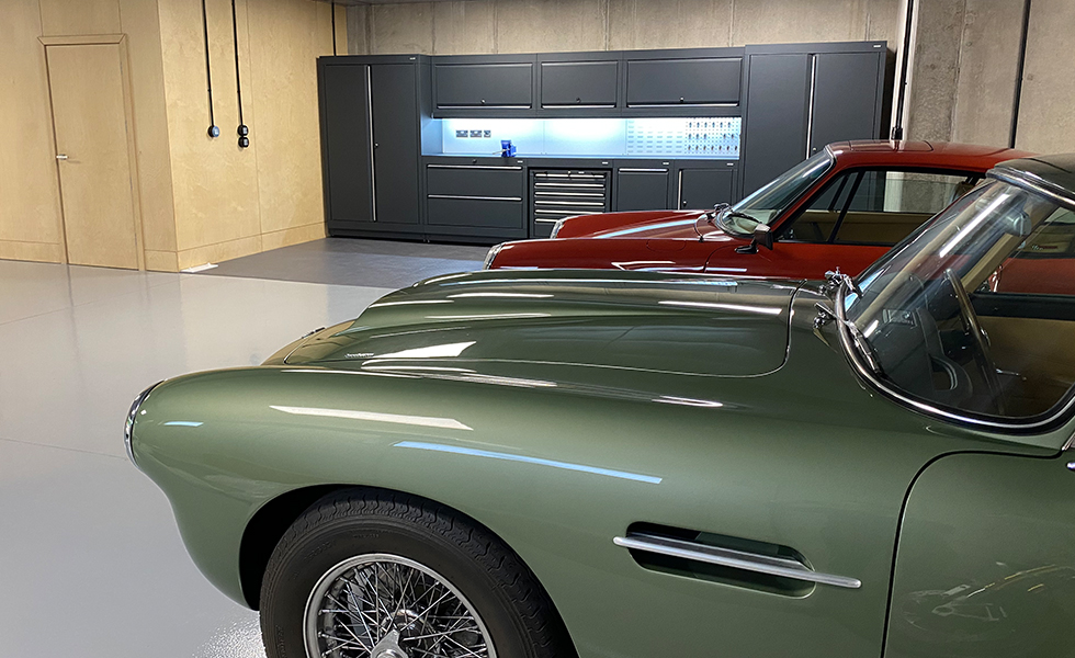 Dura cabinets for underground garage for Porsche and Aston Martin owner