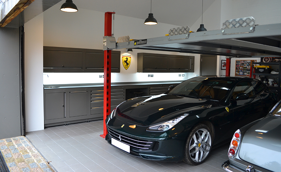 Home workshop with Dura cabinets for Ferrari owner