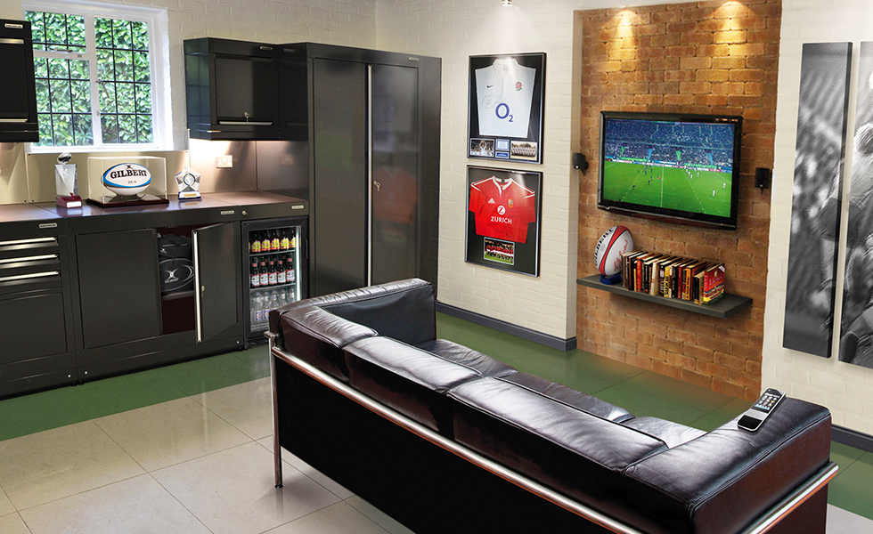 Dura cabinets and flooring for a rugby themed garage