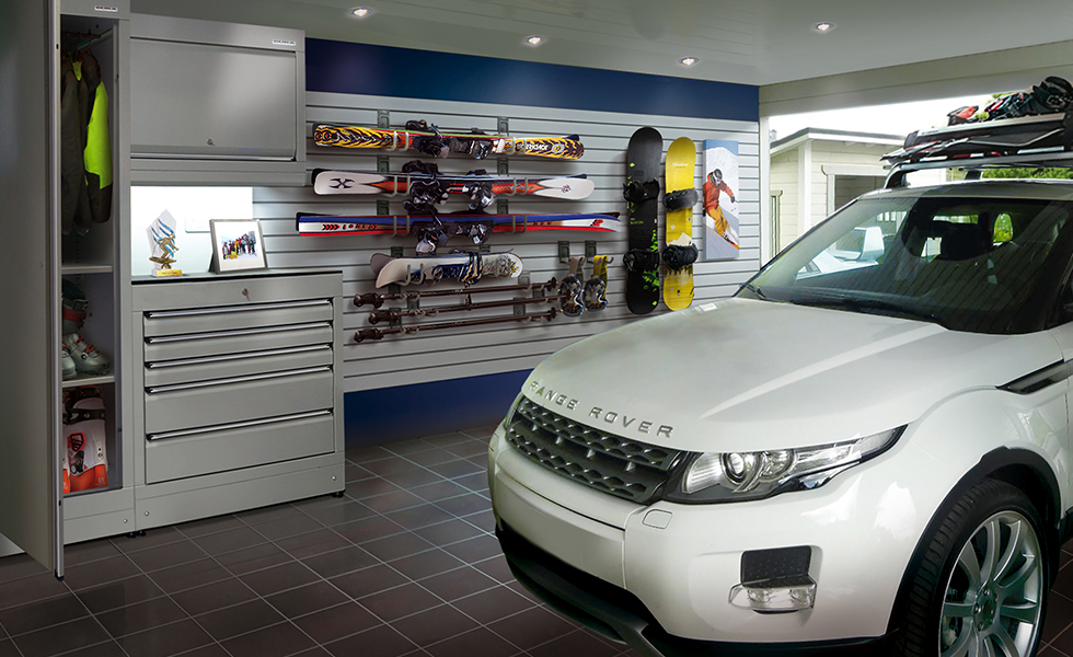 Dura cabinets, wall storage and flooring for a winter sport garage