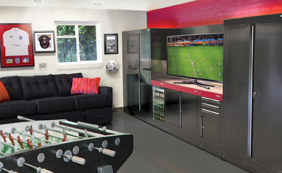 Dura cabinets and flooring for a football themed garage