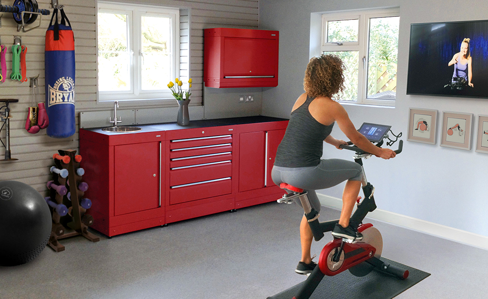 Dura cabinets, wall storage and flooring for an exercise garage