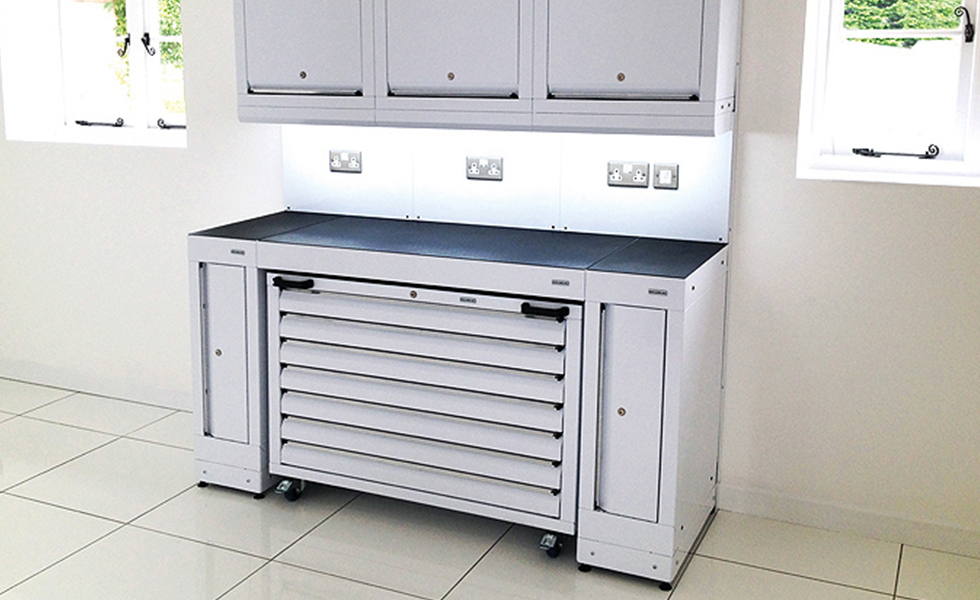 Dura compact home workshop configuration with a mobile tool cabinet and under cabinet lighting