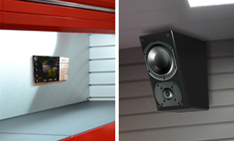 Dura Garages cabinets and back panels with integrated sound system and StorePanel with integrated speaker
